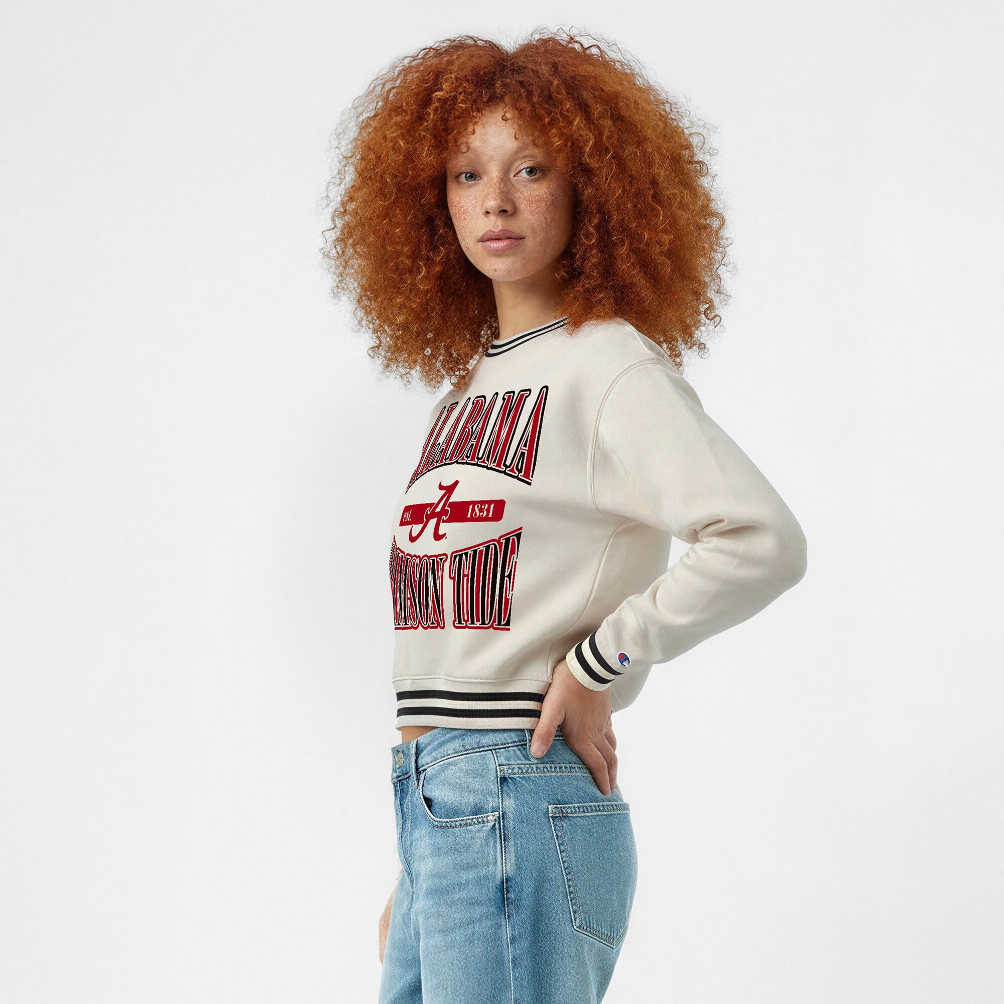 Women's Champion  White Alabama Crimson Tide Yarn Dye Rib Reverse Weave Crew Sweatshirt